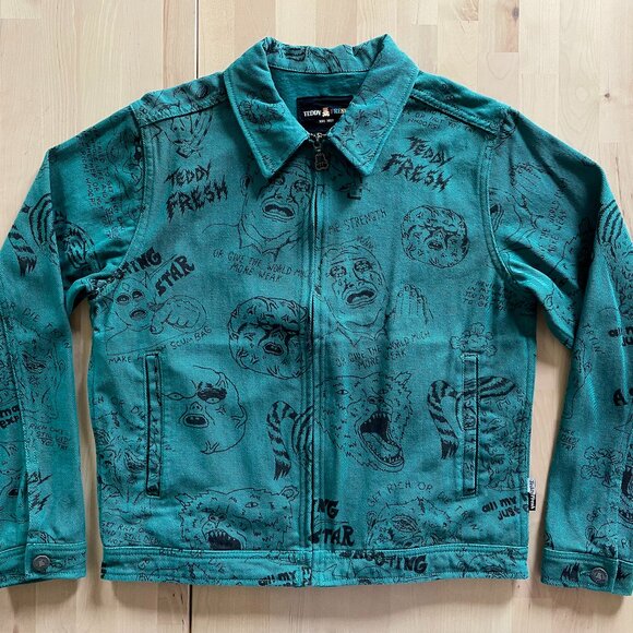 Teddy Fresh Unisex Will Laren Teal Sketches Zip Jacket Regular Fit size XS NWOT - Picture 1 of 10